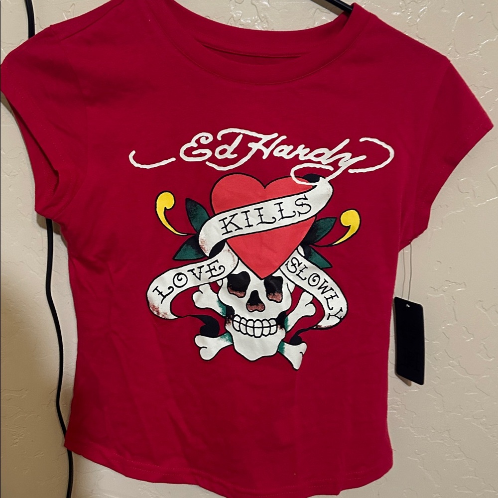 Ed Hardy Red Tee with Skull and Heart Design